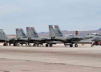 Three F-15C Eagle fighter jets assigned to the 123rd Fighter Squadron, Portland Air National Guard Base, Oregon, and both of the Air Force’s F-15EX aircraft from the 53rd Wing, Eglin Air Force Base, Florida, wait to take off for a mission at Nellis Air Force Base, Nevada, Oct. 20, 2021. The aircraft will conduct the Initial Operational Test and Evaluation from Oct. 18-25, 2021 (U.S. Air Force photo by William R. Lewis)
